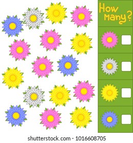 Counting game for preschool children for the development of mathematical abilities. How many flowers. With a place for answers. Simple flat isolated vector illustration.