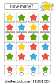 Counting game for preschool children for the development of mathematical abilities. How many stars of different colors. With a place for answers. Simple flat isolated vector illustration