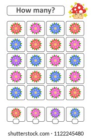 Counting game for preschool children for the development of mathematical abilities. How many flowers. With a place for answers. Simple flat isolated vector illustration