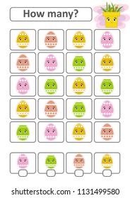 Counting game for preschool children for the development of mathematical abilities. How many Easter eggs. With a place for answers. Simple flat isolated vector illustration