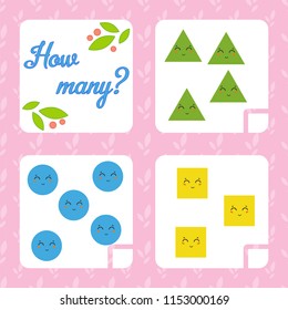 Counting game for preschool children for the development of mathematical abilities. Count the number of objects in the picture. With a place for answers. Simple flat isolated vector illustration