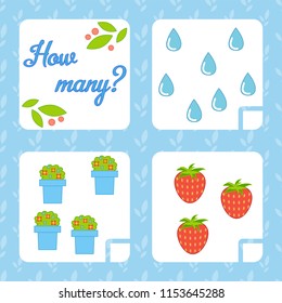 Counting game for preschool children for the development of mathematical abilities. Count the number of objects in the picture. With a place for answers. Simple flat isolated vector illustration