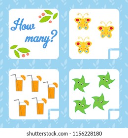 Counting game for preschool children for the development of mathematical abilities. Count the number of objects in the picture. With a place for answers. Simple flat isolated vector illustration