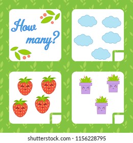 Counting game for preschool children for the development of mathematical abilities. Count the number of objects in the picture. With a place for answers. Simple flat isolated vector illustration