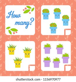 Counting game for preschool children for the development of mathematical abilities. Count the number of objects in the picture. With a place for answers. Simple flat isolated vector illustration