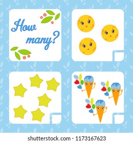 Counting game for preschool children for the development of mathematical abilities. Count the number of objects in the picture. With a place for answers. Simple flat isolated vector illustration