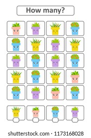 Counting game for preschool children for the development of mathematical abilities. How many flower pots. With a place for answers. Simple flat isolated vector illustration