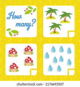 Counting game for preschool children for the development of mathematical abilities. Count the number of objects in the picture. With a place for answers. Simple flat isolated vector illustration