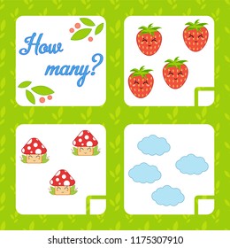 Counting game for preschool children for the development of mathematical abilities. Count the number of objects in the picture. With a place for answers. Simple flat isolated vector illustration