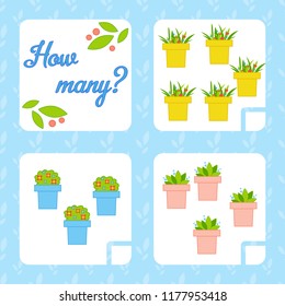 Counting game for preschool children for the development of mathematical abilities. Count the number of objects in the picture. With a place for answers. Simple flat isolated vector illustration