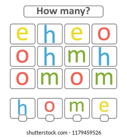 Counting game for preschool children for the development of mathematical abilities. Count the number of letters in the picture. With a place for answers. Simple flat isolated vector illustration