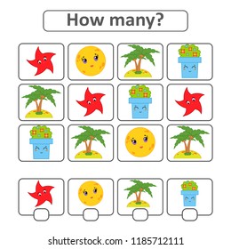 Counting game for preschool children for the development of mathematical abilities. Count the number of objects in the picture. With a place for answers. Simple flat isolated vector illustration