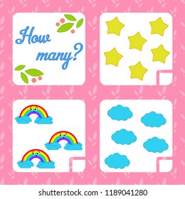 Counting game for preschool children for the development of mathematical abilities. Count the number of objects in the picture. With a place for answers. Simple flat isolated vector illustration