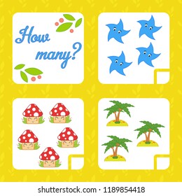 Counting game for preschool children for the development of mathematical abilities. Count the number of objects in the picture. With a place for answers. Simple flat isolated vector illustration