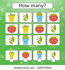 Counting game for preschool children for the development of mathematical abilities. Count the number of objects in the picture. With a place for answers. Simple flat isolated vector illustration