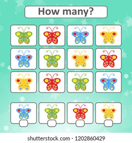 Counting game for preschool children for the development of mathematical abilities. Count the number of butterflies in the picture. With a place for answers. Simple flat isolated vector illustration