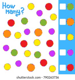 Counting game for preschool children for the development of mathematical abilities. How much confetti. With a place for answers. Simple flat isolated vector illustration.