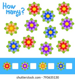 Counting game for preschool children for the development of mathematical abilities. How many flowers. With a place for answers. Simple flat isolated vector illustration.