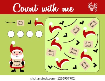 Counting game for preschool children. Educational a mathematical game. Christmas theme with Santa Claus. Count how many things and write the result