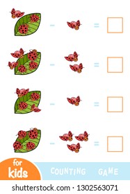 Counting Game for Preschool Children. Educational a mathematical game. Subtraction worksheets. Ladybugs and leaves