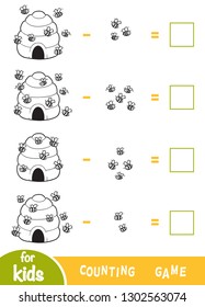 Counting Game for Preschool Children. Educational a mathematical game. Subtraction black and white worksheets. Bees and Hives