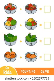 Counting Game for Preschool Children. Educational a mathematical game. Addition worksheets. Vegetable bowls with peppers, tomatoes, cucumbers and onions