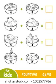 Counting Game for Preschool Children. Educational a mathematical game. Addition black and white worksheets. Vegetable bowls with peppers, tomatoes, cucumbers and onions