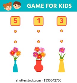 Counting Game for Preschool Children. Educational a mathematical game. Count the number of flowers and write the result. Vector cartoon illustration