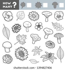 Counting Game for Preschool Children. Educational a mathematical game. Count how many leafs, mushrooms, flowers and write the result!