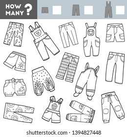 Counting Game for Preschool Children. Educational a mathematical game. Count how many shorts, trousers, overalls and write the result!