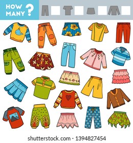 Counting Game for Preschool Children. Educational a mathematical game. Count how many skirts, trousers, jumpers, T-shirts and write the result!