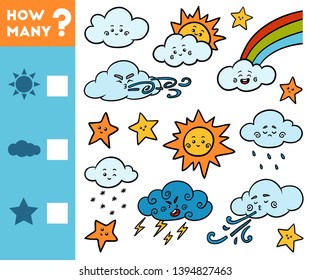 Counting Game for Preschool Children. Educational a mathematical game. Count how many stars, clouds, suns and write the result!
