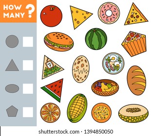 Counting Game for Preschool Children. Educational a mathematical game. Count how many objects of different shapes and write the result!