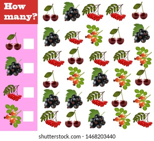 Counting game for preschool children. Educational math game. Calculate how many berries and record the result!