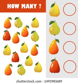 Counting Game for Preschool Children. Educational a mathematical game. Count how many pears of different types and write the result