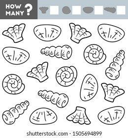 Counting Game for Preschool Children. Educational a mathematical game. Count how many shells and write the result!