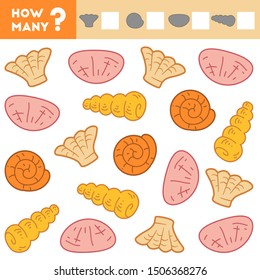 Counting Game for Preschool Children. Educational a mathematical game. Count how many shells and write the result!