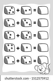 Counting Game for Preschool Children. Educational a mathematical game. Mouse and cheese. Count the numbers in the picture and write the result. Addition worksheets.