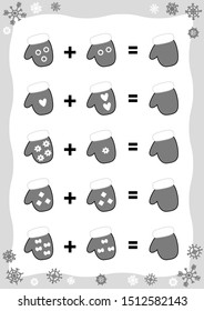 Counting Game for Preschool Children. Educational a mathematical game. Addition Christmas worksheets, mitten. Count the numbers in the picture and write the result. 