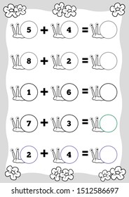 Counting Game for Preschool Children. Educational a mathematical game. Addition worksheet, snail. Count the numbers in the picture and write the result