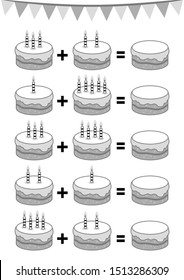 Counting Game for Preschool Children. Educational a mathematical game. Addition worksheets, birthday cake. Count the numbers in the picture and write the result. 