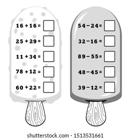 Counting Game for Preschool Children. Educational a mathematical game. Tasks for addition and subtraction, ice cream. Count the numbers in the picture and write the result. 