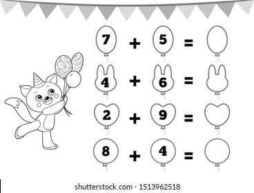 Counting Game for Preschool Children. Educational a mathematical game. Addition worksheets, cat and Birthday balloons. Count the numbers in the picture and write the result. 
