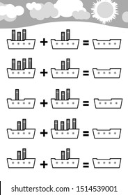 Counting Game for Preschool Children. Educational a mathematical game. Addition worksheets, ship. Count the numbers in the picture and write the result. 