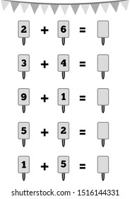 Counting Game for Preschool Children. Educational a mathematical game. Tasks for addition, ice cream. Count the numbers in the picture and write the result. 