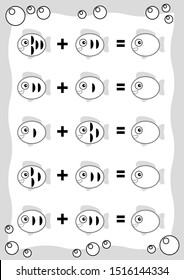 Counting Game for Preschool Children. Educational a mathematical game. Addition worksheet, fish. Count the numbers in the picture and write the result