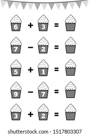 Counting Game for Preschool Children. Educational a mathematical game. Addition and subtraction worksheets, cupcake. Count the numbers in the picture and write the result. 