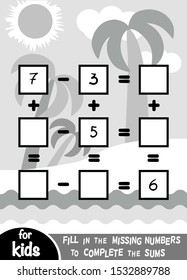Counting Game for Preschool Children. Educational a mathematical game. Count the numbers in the picture and write the result. Addition and subtraction worksheets on a tropical beach background