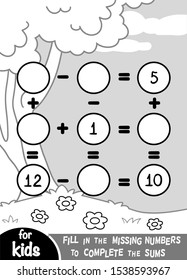 Counting Game for Preschool Children. Educational a mathematical game. Count the numbers in the picture and write the result. Addition and subtraction worksheets on a summer background