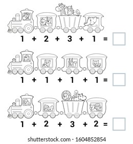 Counting Game for Preschool Children. Educational a mathematical game. Count the animals on the train and write the result. Tasks for addition